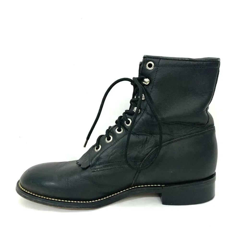 Justin 506 Black Leather Kiltie Lace Up Roper Boots Men’s 5.5D (Women’s 7.5)